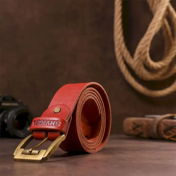 Мужской ремень кожаный с массивной пряжкой SHVIGEL 13995 Кирпичный