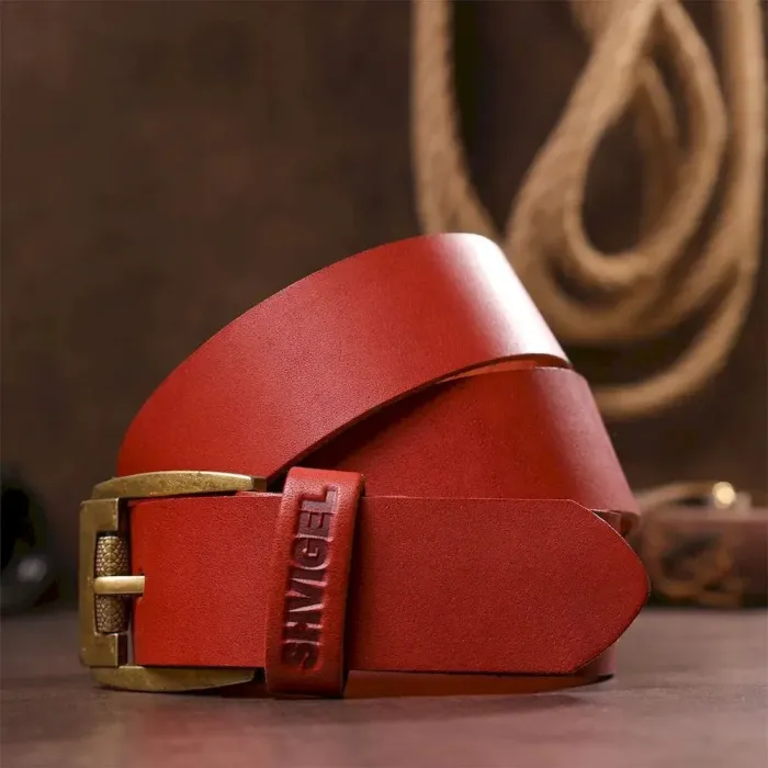 Мужской ремень кожаный с массивной пряжкой SHVIGEL 13995 Кирпичный