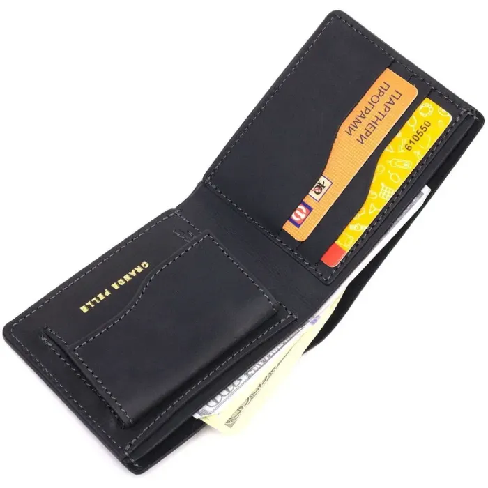 Надійне шкіряне портмоне з вінтажної шкіри в два складення Україна GRANDE PELLE 16735 Чорний