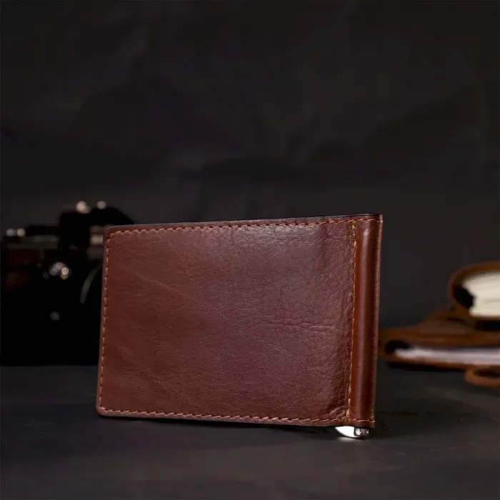 Надійний шкіряний затискач для грошей GRANDE PELLE 11668 Коричневий