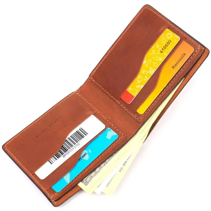 Надійний чоловічий шкіряний гаманець у дві складення Україна GRANDE PELLE 16738 Світло-коричневий