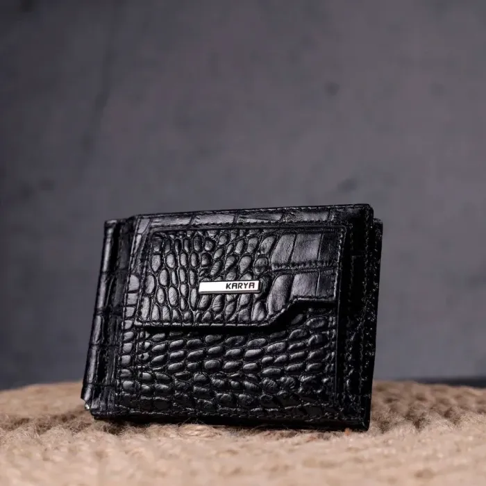 Надежный зажим для мужчин с монетницей из натуральной кожи с тиснением под крокодила KARYA 21345 Черный