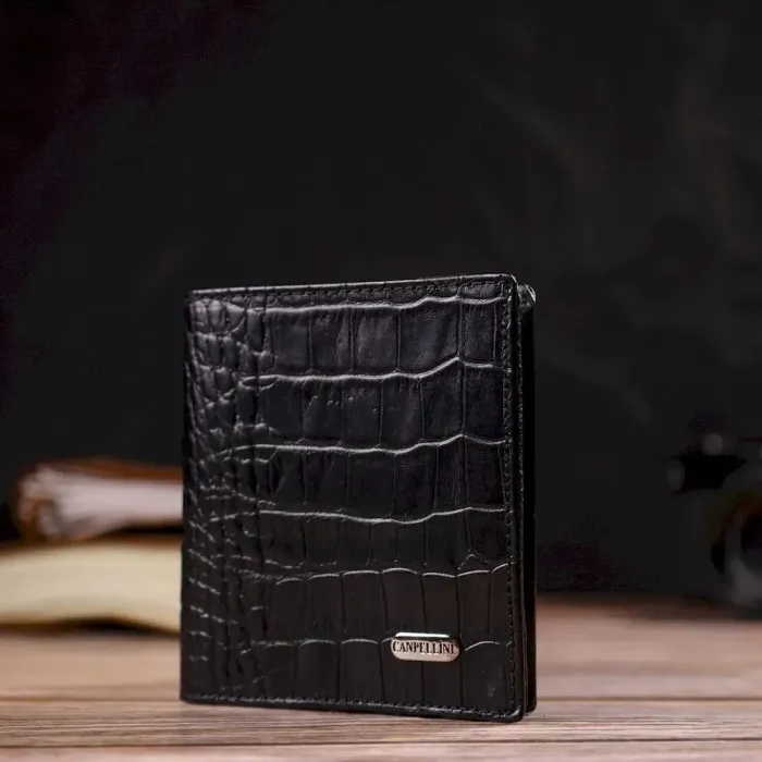 Небольшое кожаное портмоне для мужчин с тиснением под крокодила CANPELLINI 21738 Черное