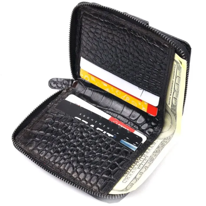 Невеликий гаманець із натуральної фактурної шкіри під крокодила KARYA 20969 Чорний