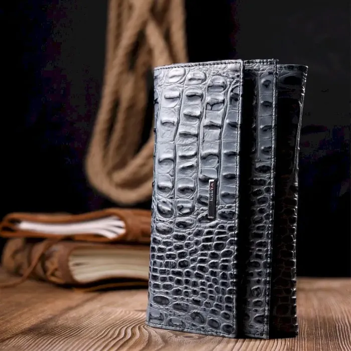 Необычный женский кошелек из натуральной фактурной кожи под крокодила KARYA 21015 Серый