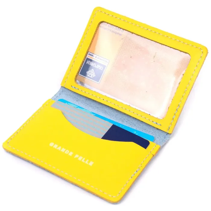 Оригинальная кожаная обложка на документы комби двух цветов Сердце GRANDE PELLE 16707 Желто-голубая
