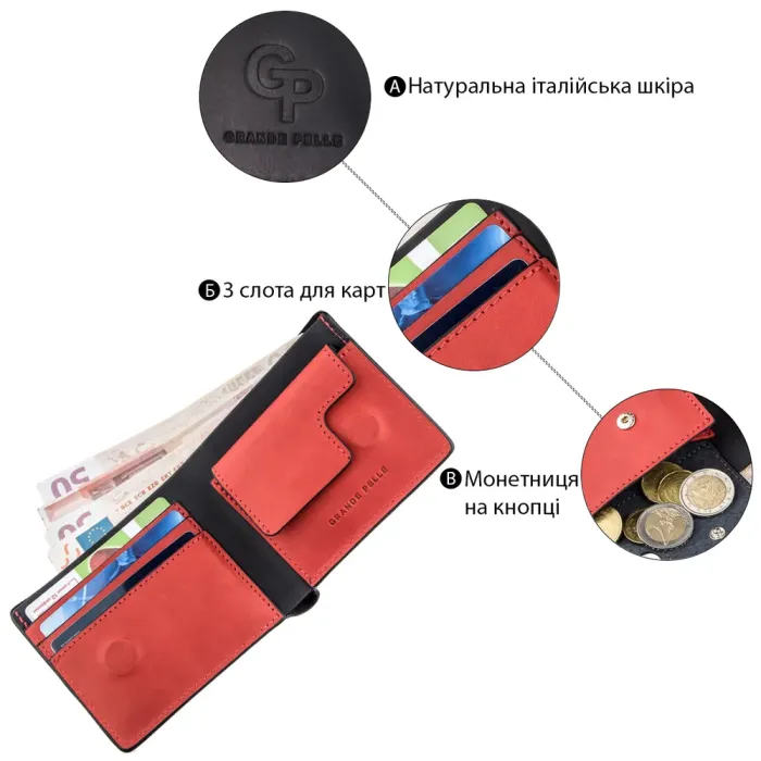 Оригінальна портмоне комбі унісекс на магніті GRANDE PELLE 11207 Чорне