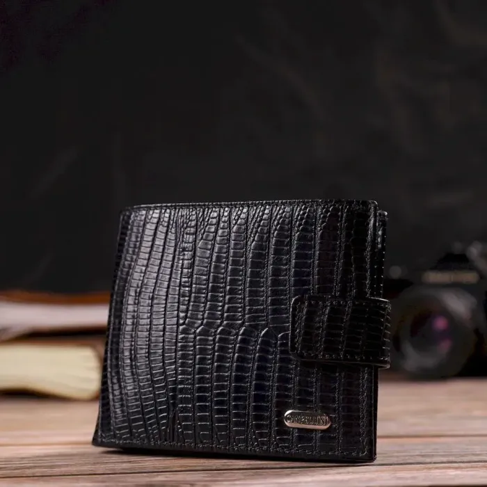 Оригінальний фактурний гаманець горизонтального формату з натуральної шкіри з тисненням CANPELLINI 21771 Чорний