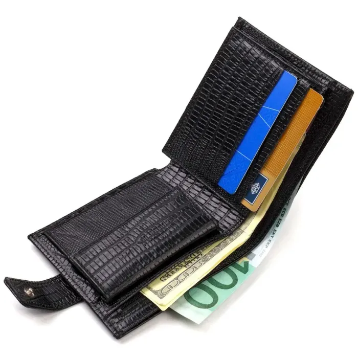 Оригінальний фактурний гаманець горизонтального формату з натуральної шкіри з тисненням CANPELLINI 21771 Чорний