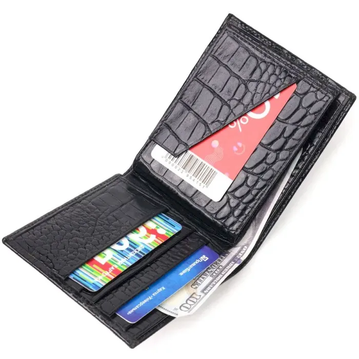 Оригінальний гаманець для чоловіків у два складення з натуральної фактурної шкіри з тисненням під крокодила CANPELLINI 21582 Чорний
