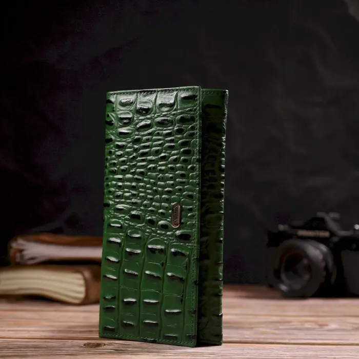 Оригинальный кошелек для женщин из натуральной фактурной кожи с тиснением под крокодила CANPELLINI 21825 Зеленый