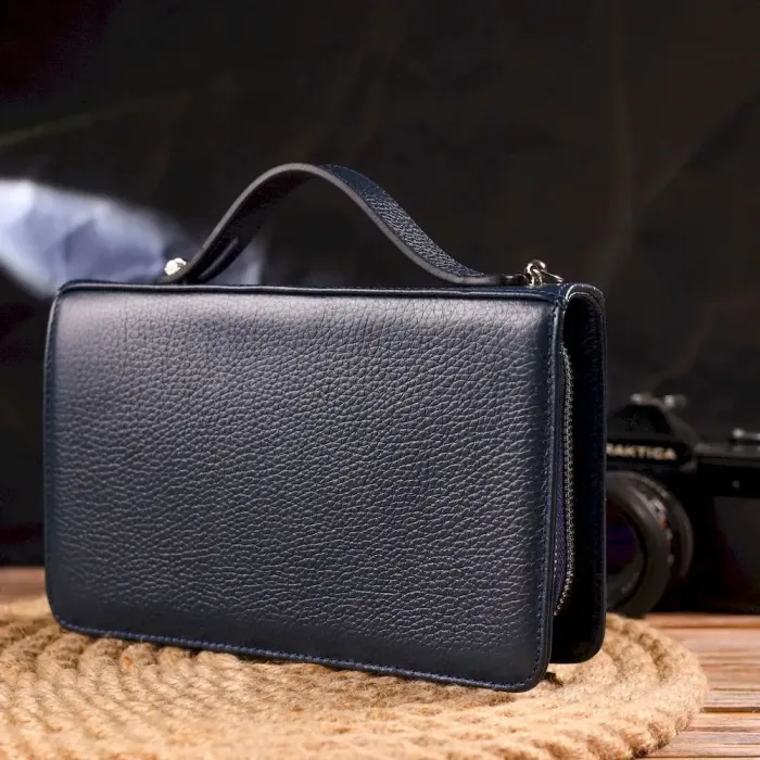 Отличная мужская барсетка на два отделения из натуральной зернистой кожи CANPELLINI 21568 Синяя