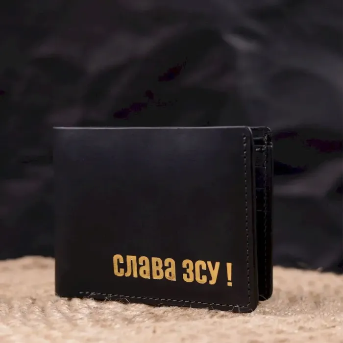 Відмінний шкіряний гаманець без застібки Слава ЗСУ GRANDE PELLE 16754 Чорний
