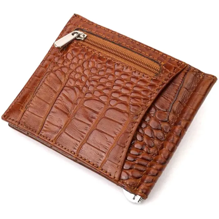 Відмінний чоловічий затиск із натуральної шкіри з тисненням під крокодила KARYA 21121 Коричневий