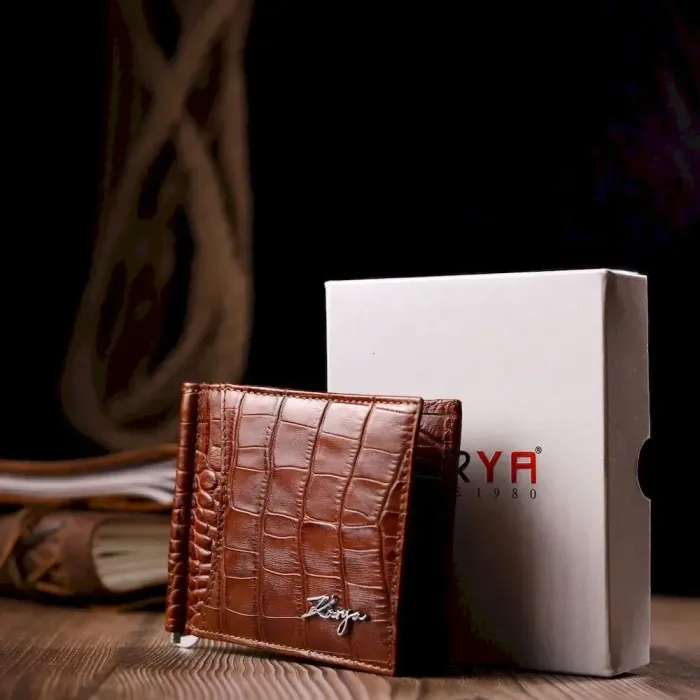 Відмінний чоловічий затиск із натуральної шкіри з тисненням під крокодила KARYA 21121 Коричневий