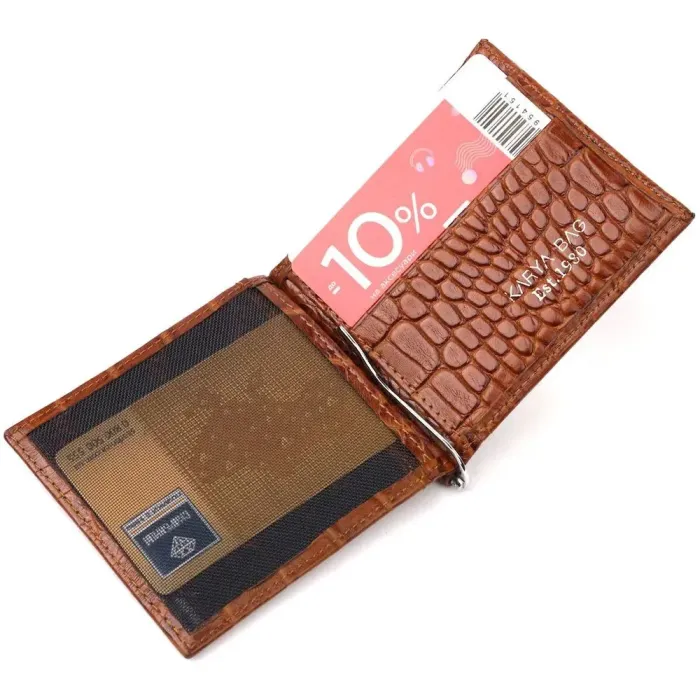 Відмінний чоловічий затиск із натуральної шкіри з тисненням під крокодила KARYA 21121 Коричневий