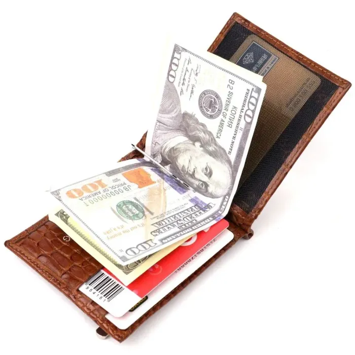 Відмінний чоловічий затиск із натуральної шкіри з тисненням під крокодила KARYA 21121 Коричневий