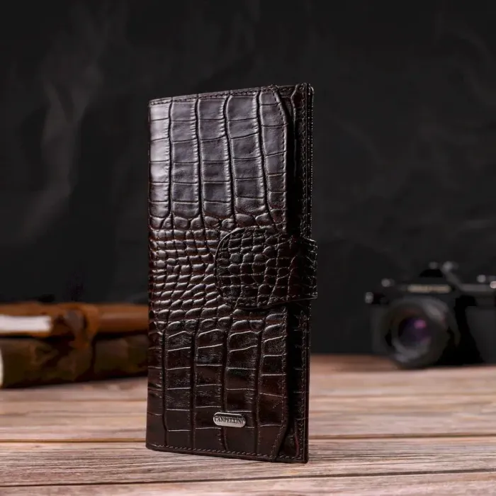 Відмінний купюрник для чоловіків з натуральної шкіри з тисненням під крокодила CANPELLINI 21917 Коричневий