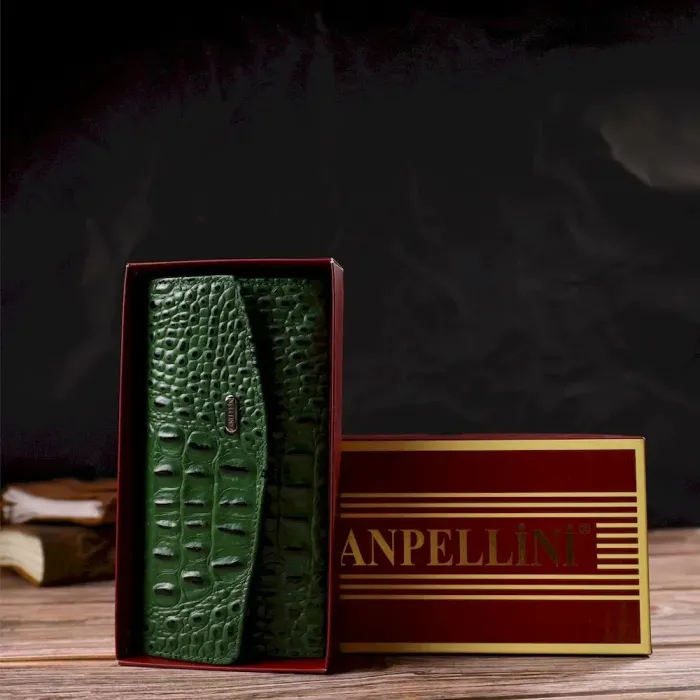 Портмоне для жінок з натуральної шкіри з тисненням під крокодила CANPELLINI 21701 Зелене