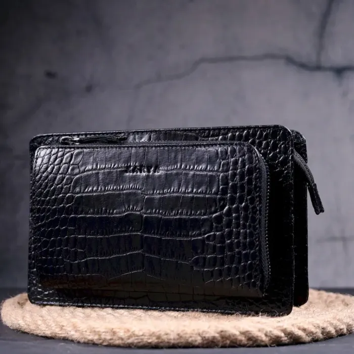 Практична чоловіча барсетка з натуральної шкіри з тисненням під крокодила KARYA 21310 Чорний
