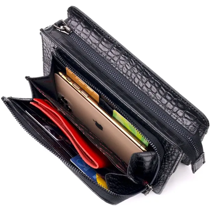 Практична чоловіча барсетка з натуральної шкіри з тисненням під крокодила KARYA 21310 Чорний