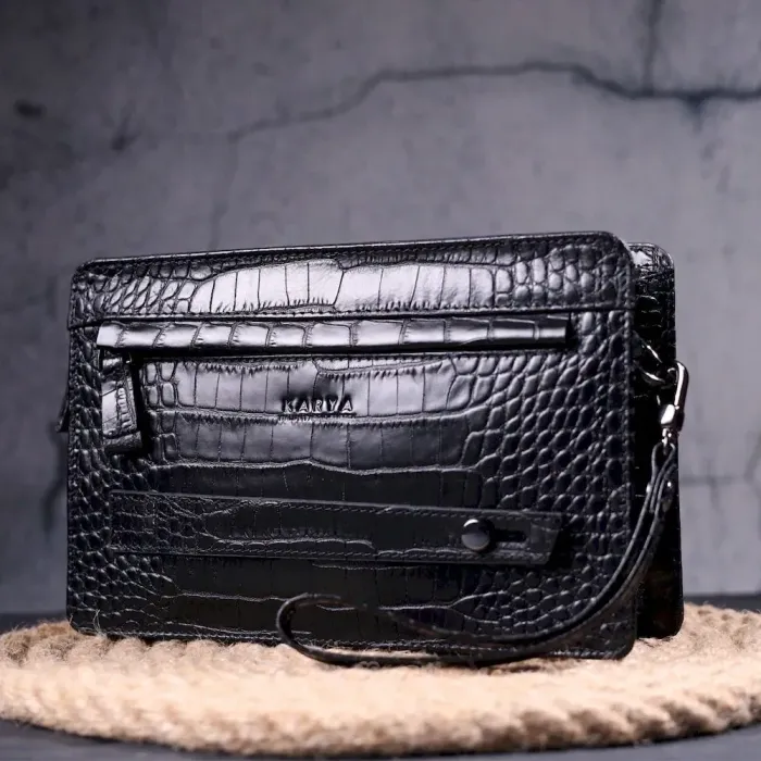 Практична чоловіча барсетка з натуральної шкіри з тисненням під крокодила KARYA 21310 Чорний