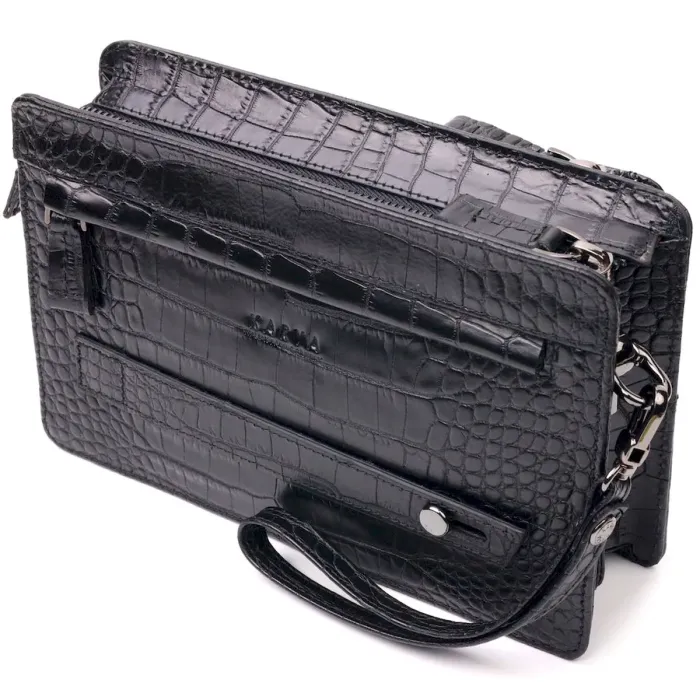 Практична чоловіча барсетка з натуральної шкіри з тисненням під крокодила KARYA 21310 Чорний