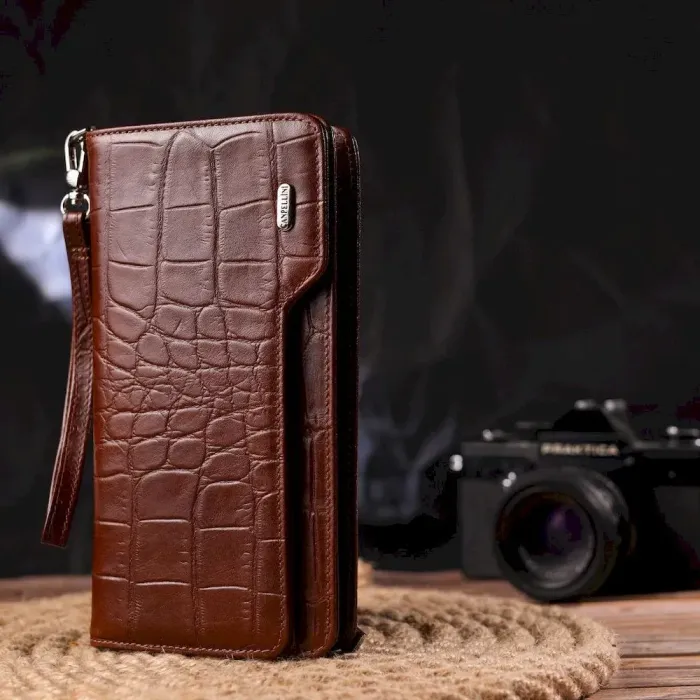 Практичне портмоне клатч із натуральної фактурної шкіри CANPELLINI 21544 Коричневе