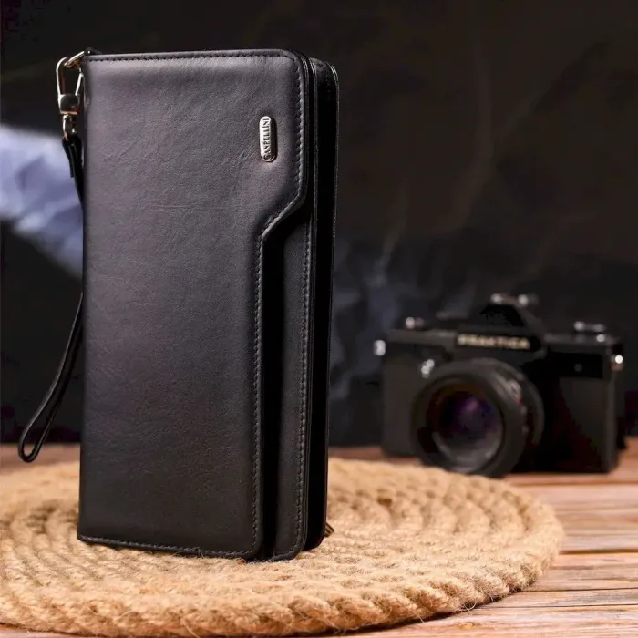 Практичное портмоне клатч из натуральной кожи с тиснением под крокодила CANPELLINI 21540 Черное