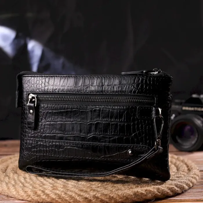 Практичный клатч для мужчин из натуральной фактурной кожи CANPELLINI 21549 Черный