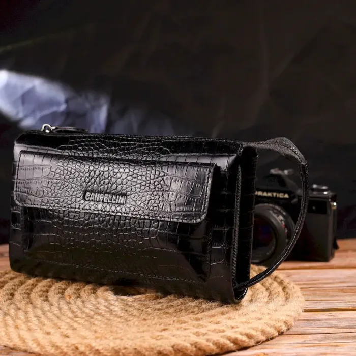 Практичный клатч для мужчин из натуральной фактурной кожи с тиснением под крокодила CANPELLINI 21562 Черный