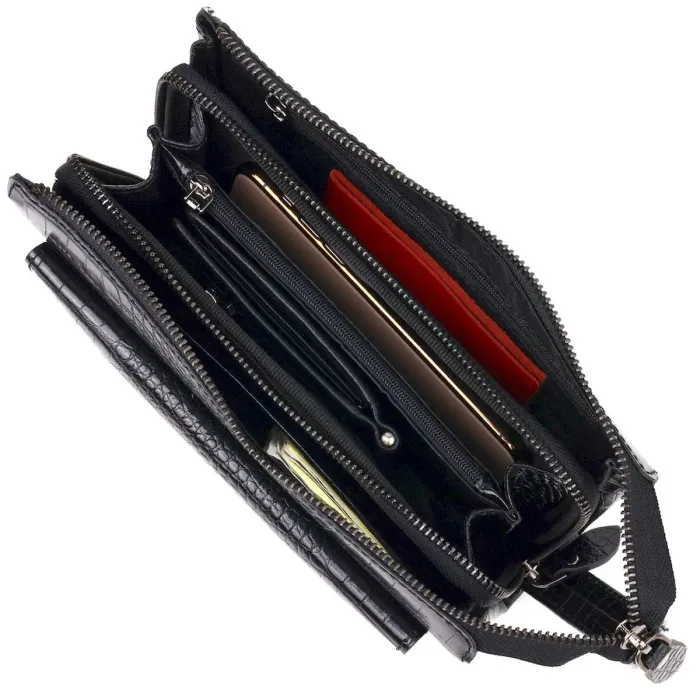 Практичный клатч для мужчин из натуральной фактурной кожи с тиснением под крокодила CANPELLINI 21562 Черный