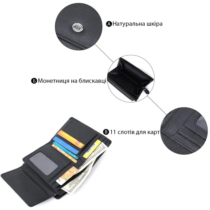 Практичный кошелек с монетницей из натуральной кожи ST Leather 22740 Черный