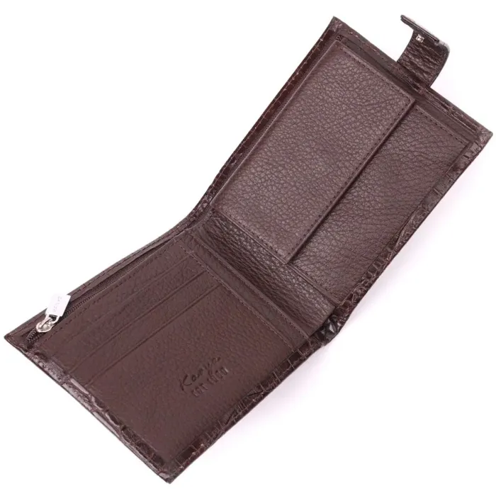 Практичный мужской кожаный кошелек с тиснением под крокодила KARYA 21368 Коричневый