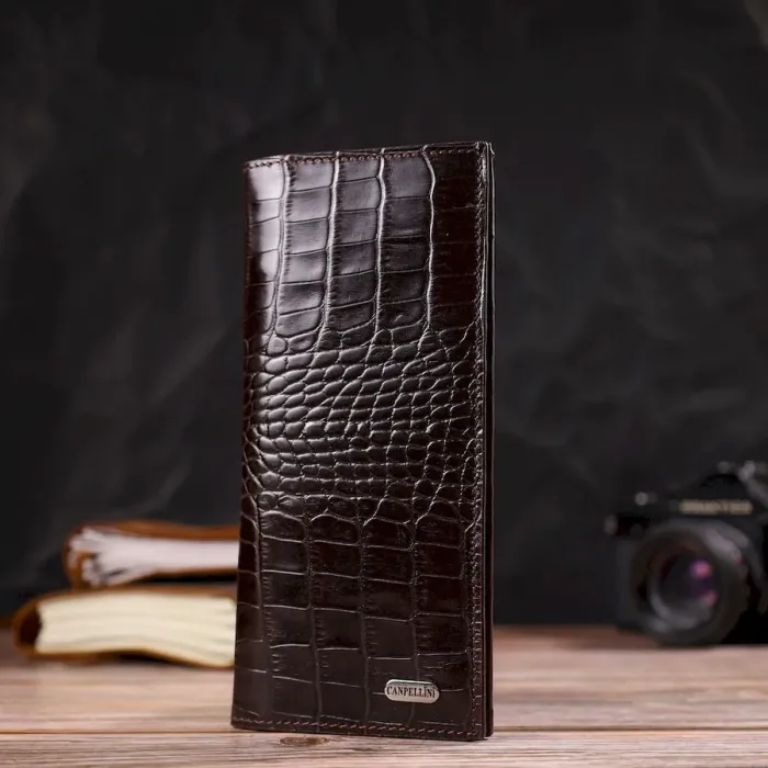Практичний чоловічий вертикальний гаманець із натуральної шкіри з тисненням під крокодила CANPELLINI 21907 Коричневий