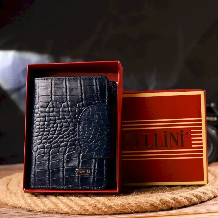 Практичний вертикальний жіночий гаманець із натуральної шкіри з тисненням під крокодила CANPELLINI 21677 Синій