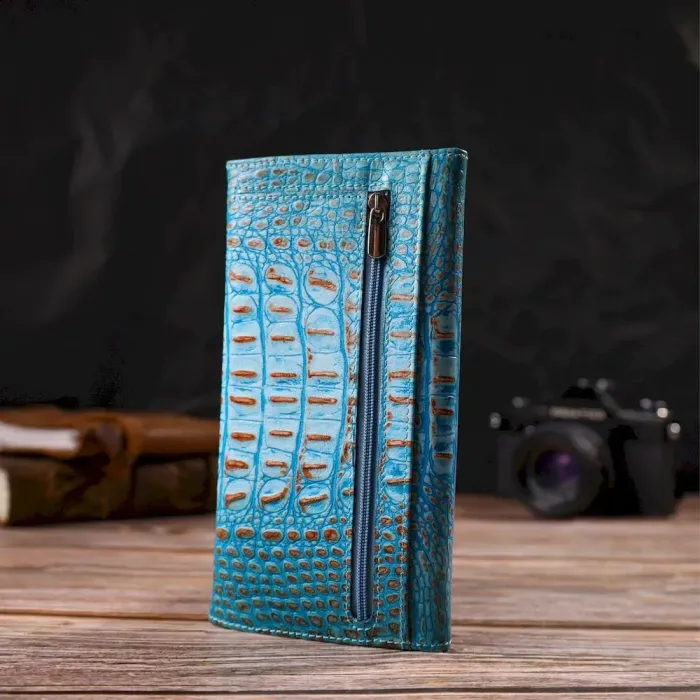 Чудове портмоне для жінок з натуральної шкіри з тисненням під крокодила CANPELLINI 21703 Синє
