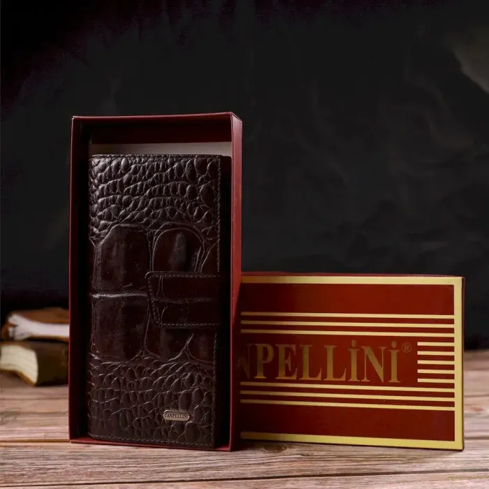 Превосходное стильное мужское портмоне из натуральной кожи с тиснением под крокодила CANPELLINI 21846 Коричневое