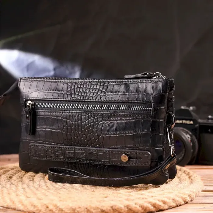 Чудовий клатч для чоловіків з натуральної фактурної шкіри з тисненням під крокодила CANPELLINI 21556 Чорний