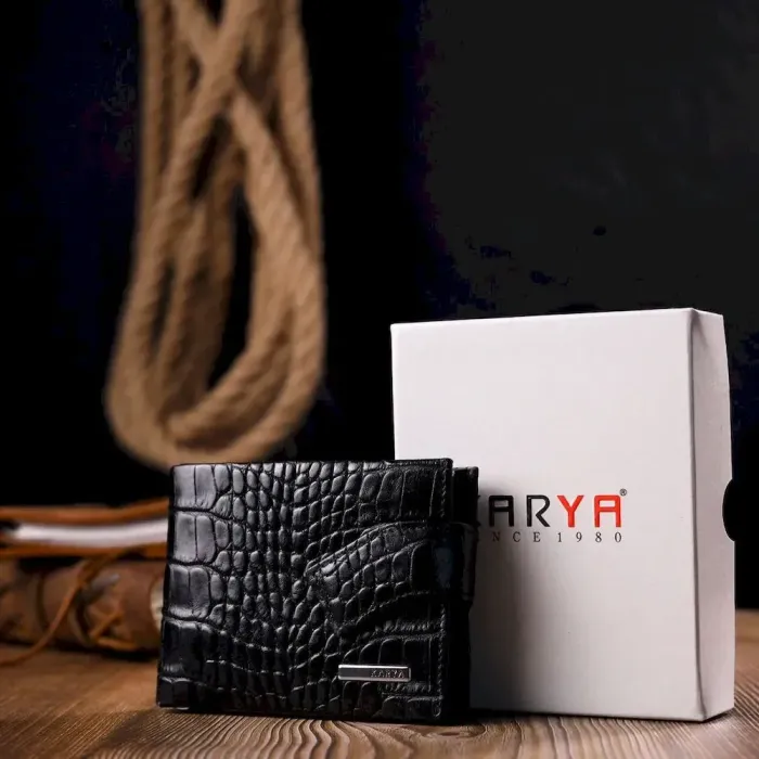 Превосходный мужской зажим из натуральной лакированной фактурной кожи под крокодила KARYA 21043 Черный