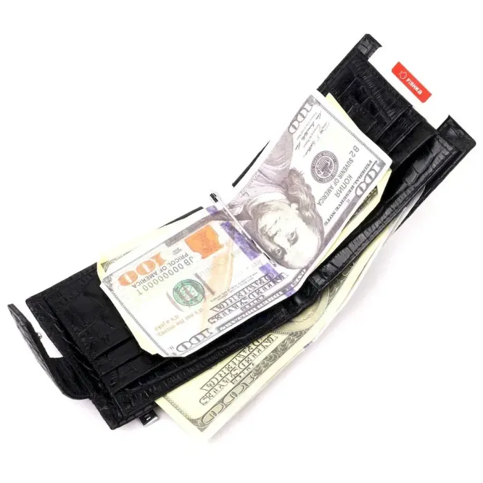 Превосходный мужской зажим из натуральной лакированной фактурной кожи под крокодила KARYA 21043 Черный