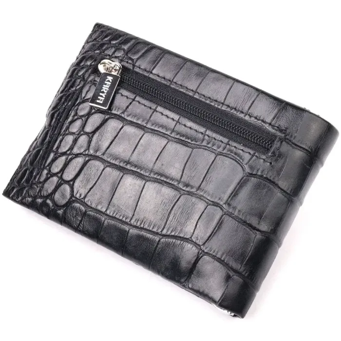 Превосходный мужской зажим из натуральной лакированной фактурной кожи под крокодила KARYA 21043 Черный