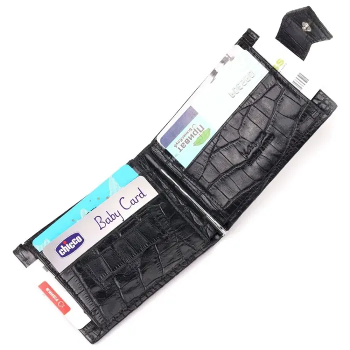 Превосходный мужской зажим из натуральной лакированной фактурной кожи под крокодила KARYA 21043 Черный