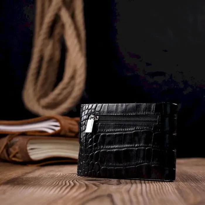 Превосходный мужской зажим из натуральной лакированной фактурной кожи под крокодила KARYA 21043 Черный