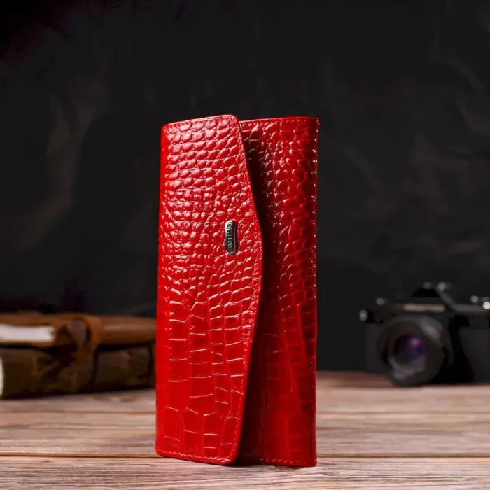 Привлекательное женское портмоне из натуральной кожи с тиснением под змею CANPELLINI 21699 Красный