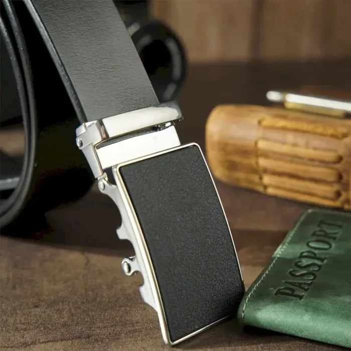 Ремень мужской c серебристой пряжкой с черной вставкой Vintage 20328 Черный