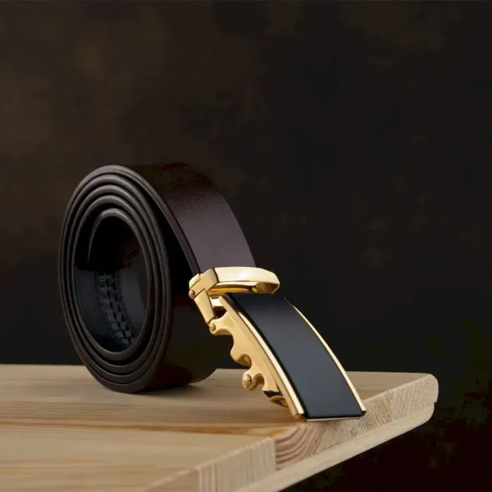 Ремень мужской c золотистой прямоугольной пряжкой Vintage 20260 Коричневый