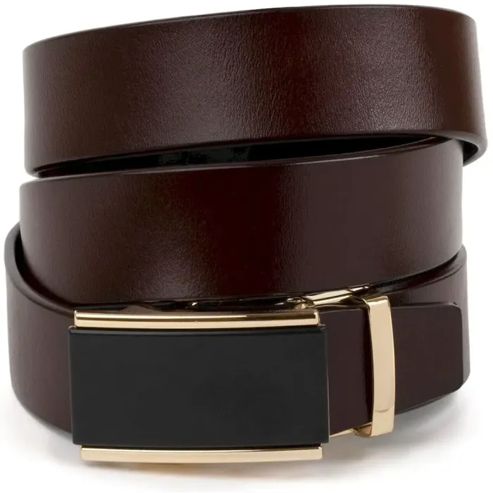 Ремень мужской c золотистой прямоугольной пряжкой Vintage 20260 Коричневый