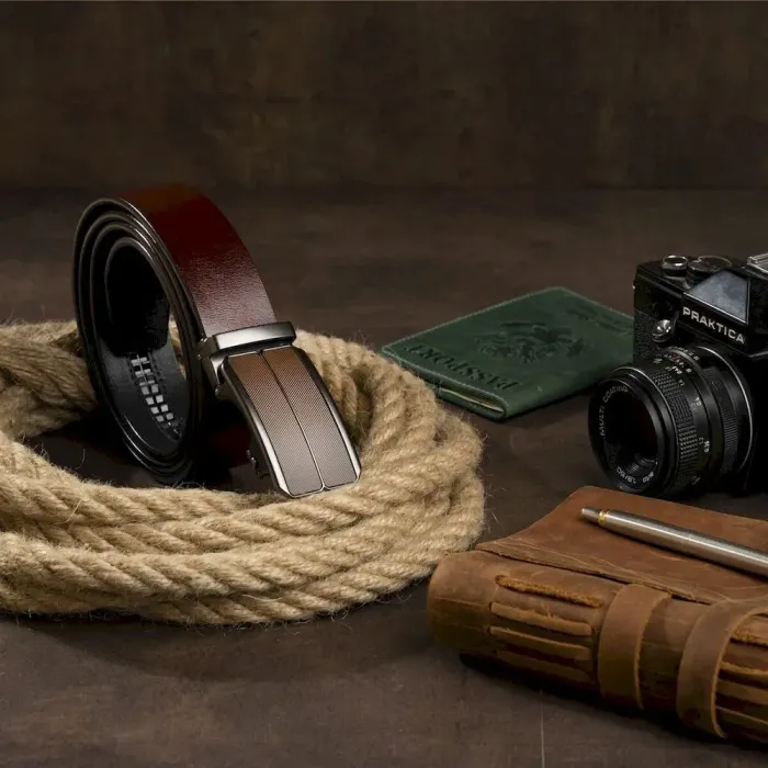 Ремінь чоловічий з коричневою вставкою та затемненим металом Vintage 20280 Коричневий