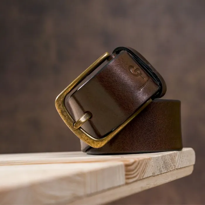 Чоловічий ремень з круглою латунієвою пряжкою Grande Pelle 11269 Червоно-коричневий